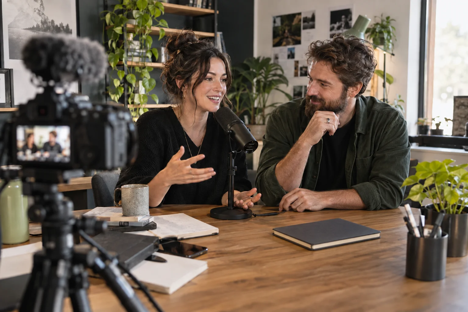 A creator and a business owner recording content in a studio